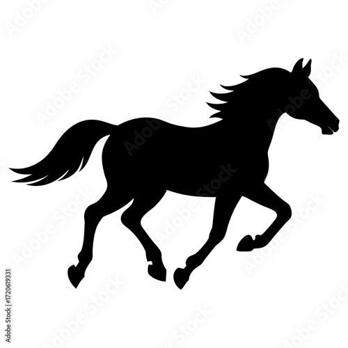 Black silhouette of a horse galloping freely on a white background
