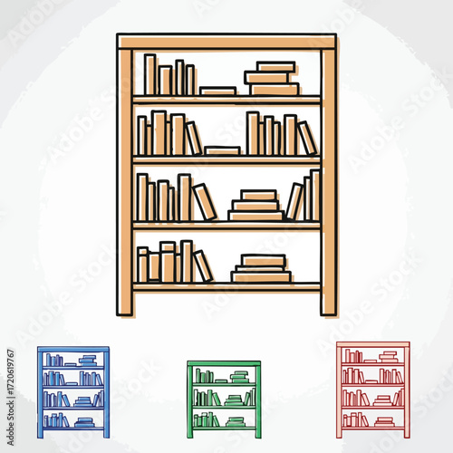 Vector Illustration of a Bookshelf Icon with Books in Various Colors