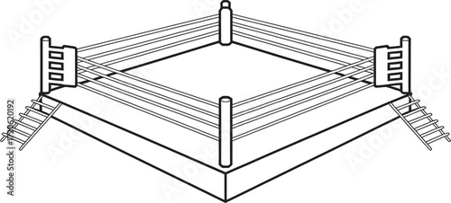 Black and white illustration of an empty boxing ring with ropes and stairs