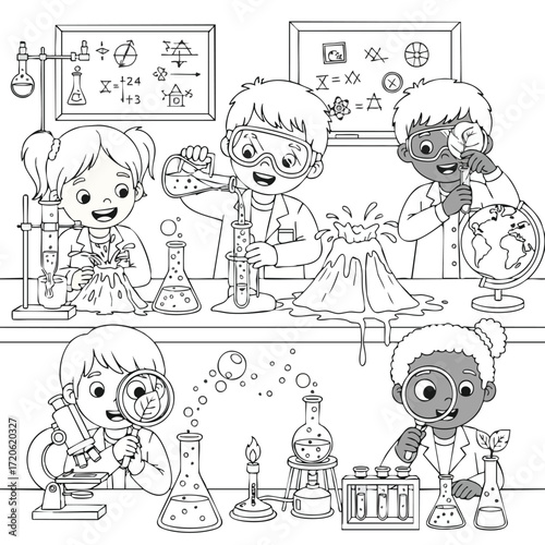 Cute Diverse Kids Enjoying Science Experiments Coloring Page