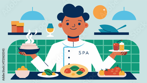After a productive morning you treat yourself to a delicious lunch at the spas gourmet restaurant complete with dishes made from locallysourced ingredients.. Vector illustration