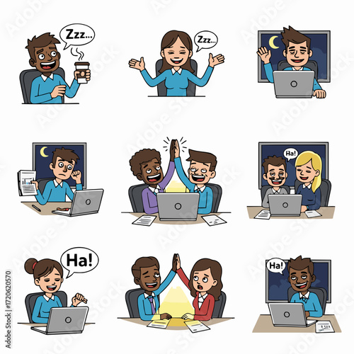 Illustrations of professionals working on laptops, depicting remote collaboration, individual tasks, and various emotions within a modern digital workspace