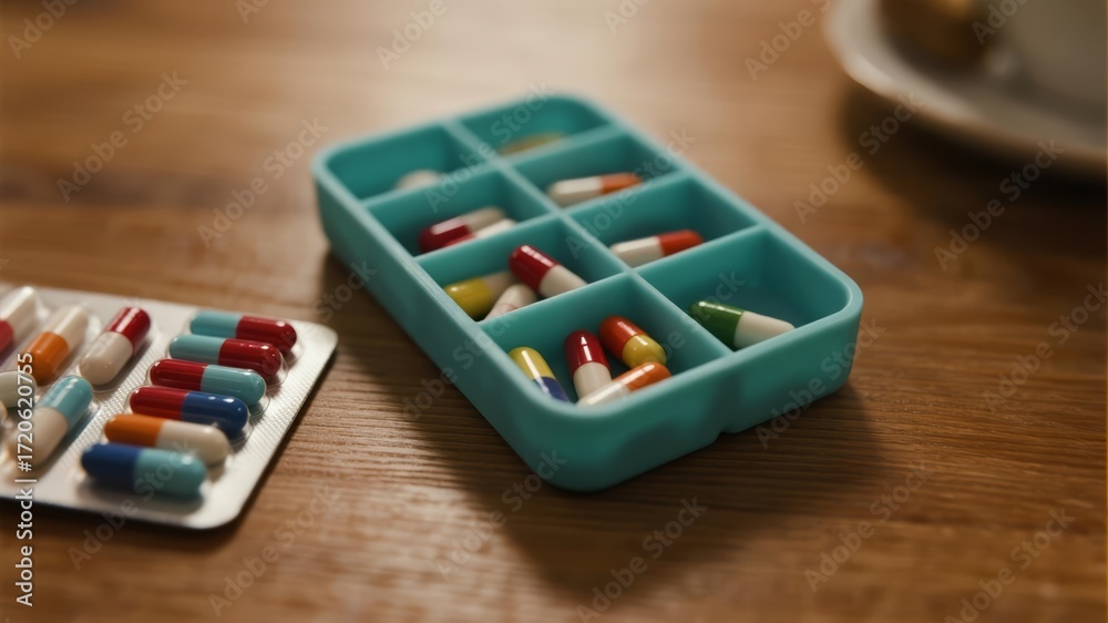 Chronic Illness Management: Colorful Capsules in a Weekly Medication Organizer on a Wooden Table