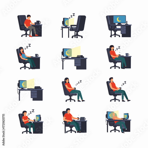 Collection of cartoon illustrations depicting people in various stages of sleep or rest while working at their desks