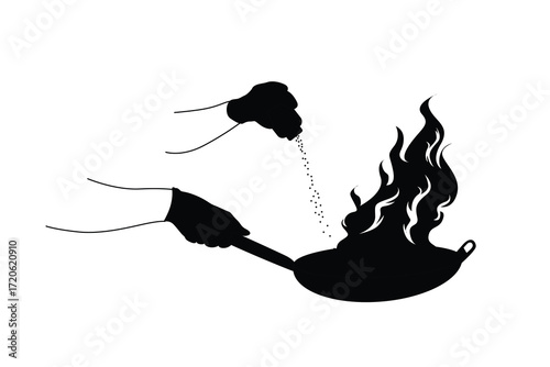 Vector illustration of a chef cooking in the kitchen, silhouette hands holding a frying pan with big fire and sprinkling seasoning.