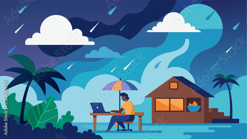 A tropical storm brews in the distance as a dedicated remote worker carries on with their tasks in a sy overwater bungalow.. Vector illustration