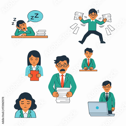 Set of illustrations depicting various emotions and stress levels of office workers in a professional setting