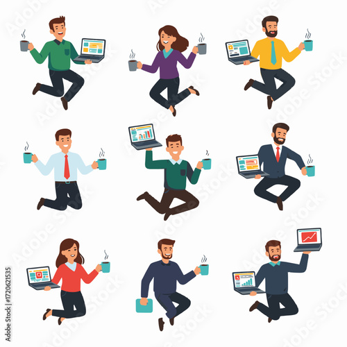 Joyful Business People Celebrating Success with Coffee and Laptops