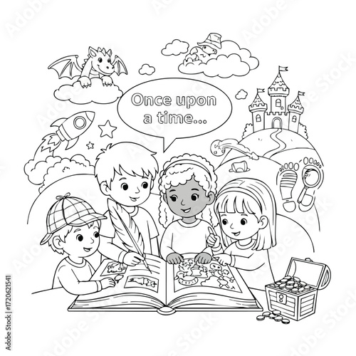 Kids reading a fairytale book black and white coloring page story time illustration