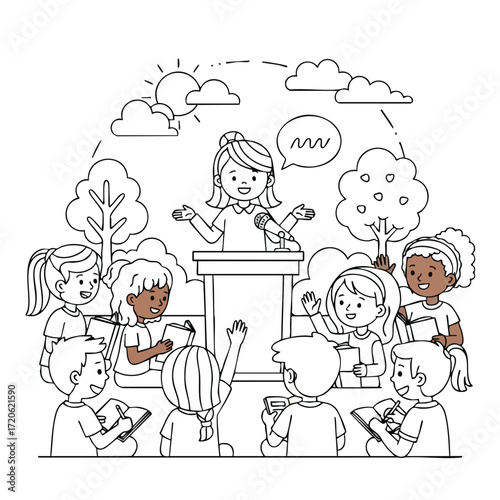 Happy Diverse Group of Kids Listening Attentively to their Teacher Outdoors