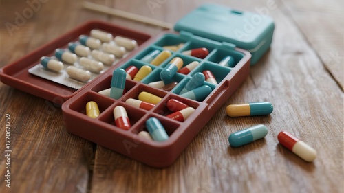 Chronic Illness Management: Colorful Capsules in a Weekly Medication Organizer on a Wooden Table