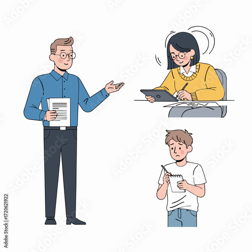 Exploring modern learning methods a confident teacher, an engaged digital artist, and a thoughtful student pondering concepts, depicting varied educational journeys