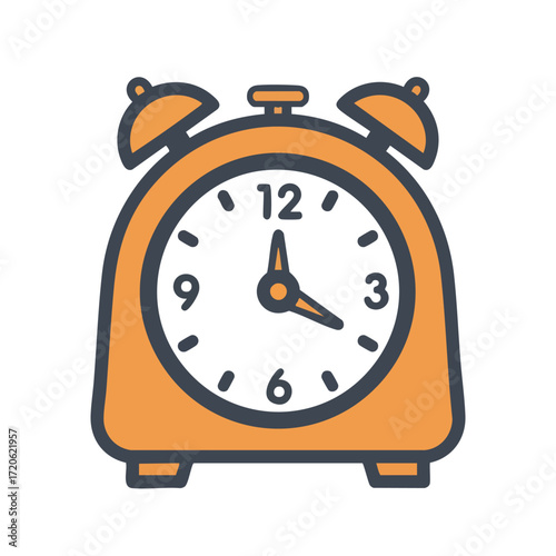 Orange alarm clock with a white clock face showing the time at four o'clock.