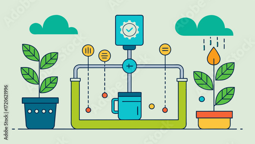 A sophisticated irrigation system that combines water and fertilizer automatically adjusting the ratio based on the specific needs of each plant.. Vector illustration