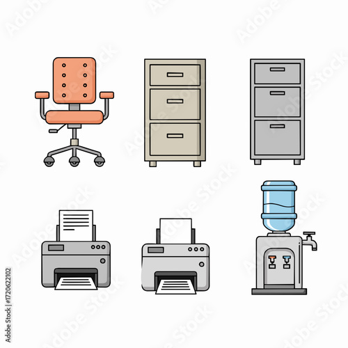 A comprehensive collection of essential office furniture and equipment, featuring various tools crucial for a productive and organized modern workspace environment