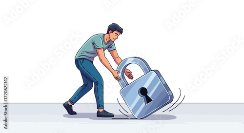 Man Struggling with Huge Padlock Data Security Privacy and Burden Concept Illustration