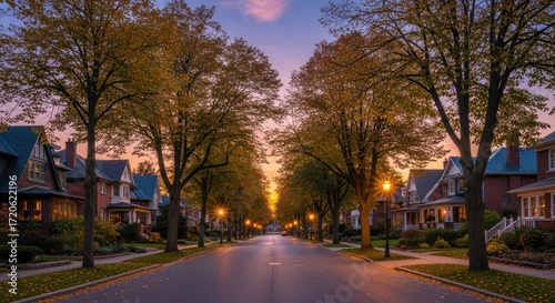 Quiet Tree-Lined Residential Street at Golden Hour During Autumn Evening with Warm Streetlights and Fallen Leaves, Highlighting Suburban Charm and Serenity