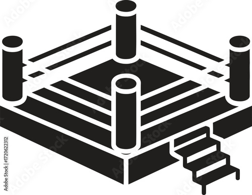 Isometric boxing ring with corner posts and stairs black and white illustration