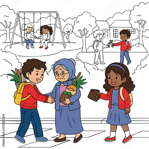 Young children demonstrating kindness and helpfulness towards an elderly woman and peers in a neighborhood park.