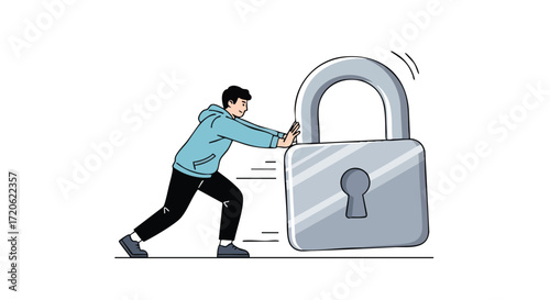 A person struggles to push a large, heavy padlock, symbolizing effort and challenge.