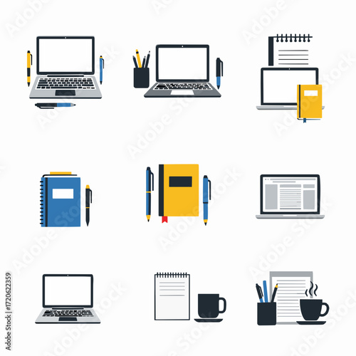 A collection of flat design illustrations showcasing various modern workspace setups, including laptops, notebooks, and writing tools, perfect for business, education, and digital work environments