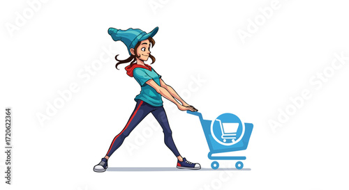 Happy Girl Pulling Shopping Cart Cartoon Illustration