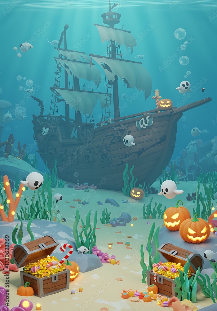 Obraz premium Haunted Pirate Ship Halloween Ocean Background
