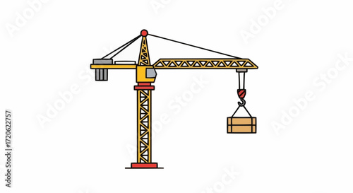 Detailed vector illustration of a yellow tower crane lifting a heavy cargo load, symbolizing construction, engineering, and industrial development concepts