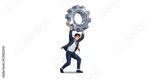 Businessman Carrying a Large Gear Hard Work Challenges and Success