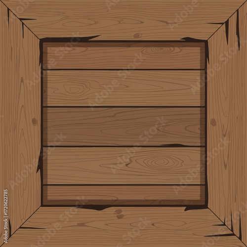 A top-down view of a detailed, empty, wooden crate with visible grain and aged edges.
