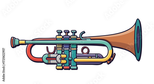 A colorful illustration of a trumpet with vibrant tubing and valves.