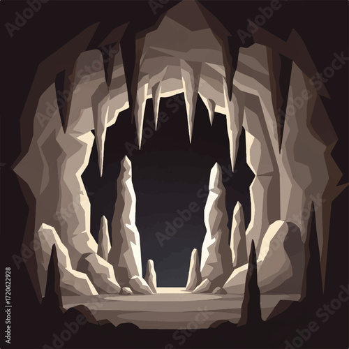Stylized illustration of a cave entrance, featuring stalactites, stalagmites, and a dark interior.