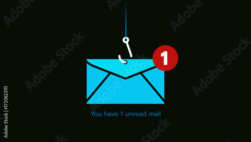 Email with fishing hook and notification icon, malicious attempt to trick the recipient by mail phishing.