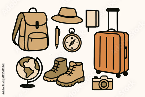 Travel Equipment Set with Luggage Map Camera Backpack Shoes Globe Notebook