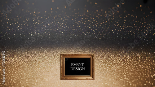 Golden frame on a black and gold glitter background with space for text