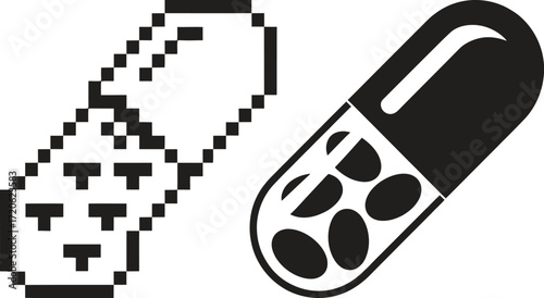 Pixel art and realistic pill capsule comparison