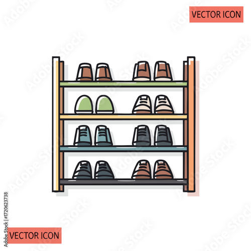 Shoe Rack with Various Colorful Shoes Vector Illustration