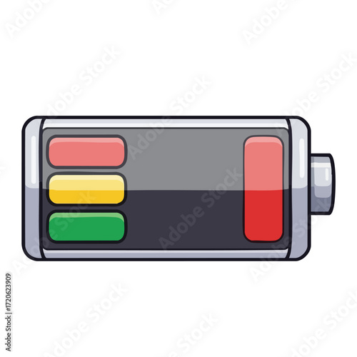 A cartoon illustration of a horizontal battery with red, yellow, and green indicator lights and a low charge level.