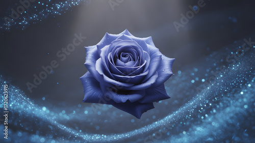 A beautiful blue rose with water droplets on its petals in a dark setting