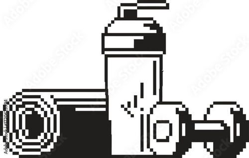 Fitness equipment including a rolled yoga mat a shaker bottle and a dumbbell