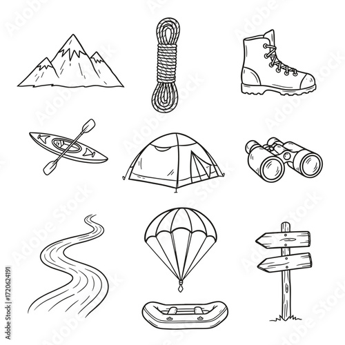 Set of  adventure icons in hand drawn doodle style. Vector illustration with mountain peak, rope, climbing boot, kayak, tent, binoculars, river, parachute, raft, hiking