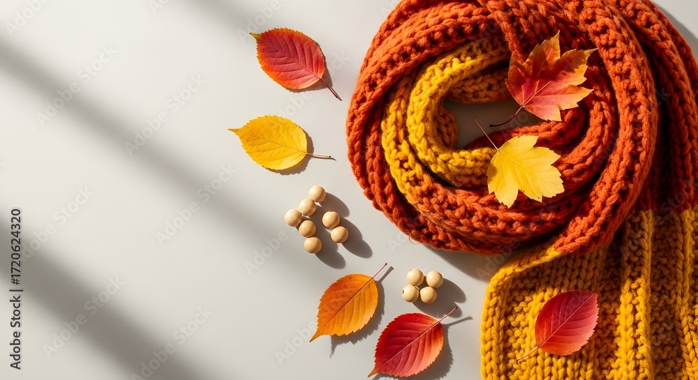 Fototapeta premium Cozy autumn scene with a warm knitted scarf, colorful fallen leaves, and natural light casting shadows on a neutral background.