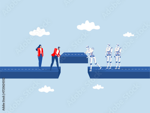 Teamwork,businessman with robot  help building the bridge to connect the way ,Build business bridge connect path together, solution or teamwork idea, cooperation to success together concept