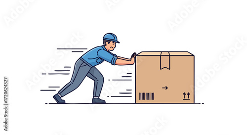 A delivery person in a blue uniform and cap pushes a large cardboard box across a white background with motion lines indicating speed.
