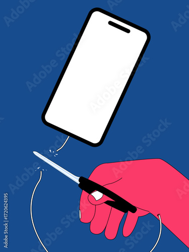 Symbolic illustration of pink hand cutting cord connected to smartphone on solid blue background representing digital detox disconnection and reclaiming control from technology
