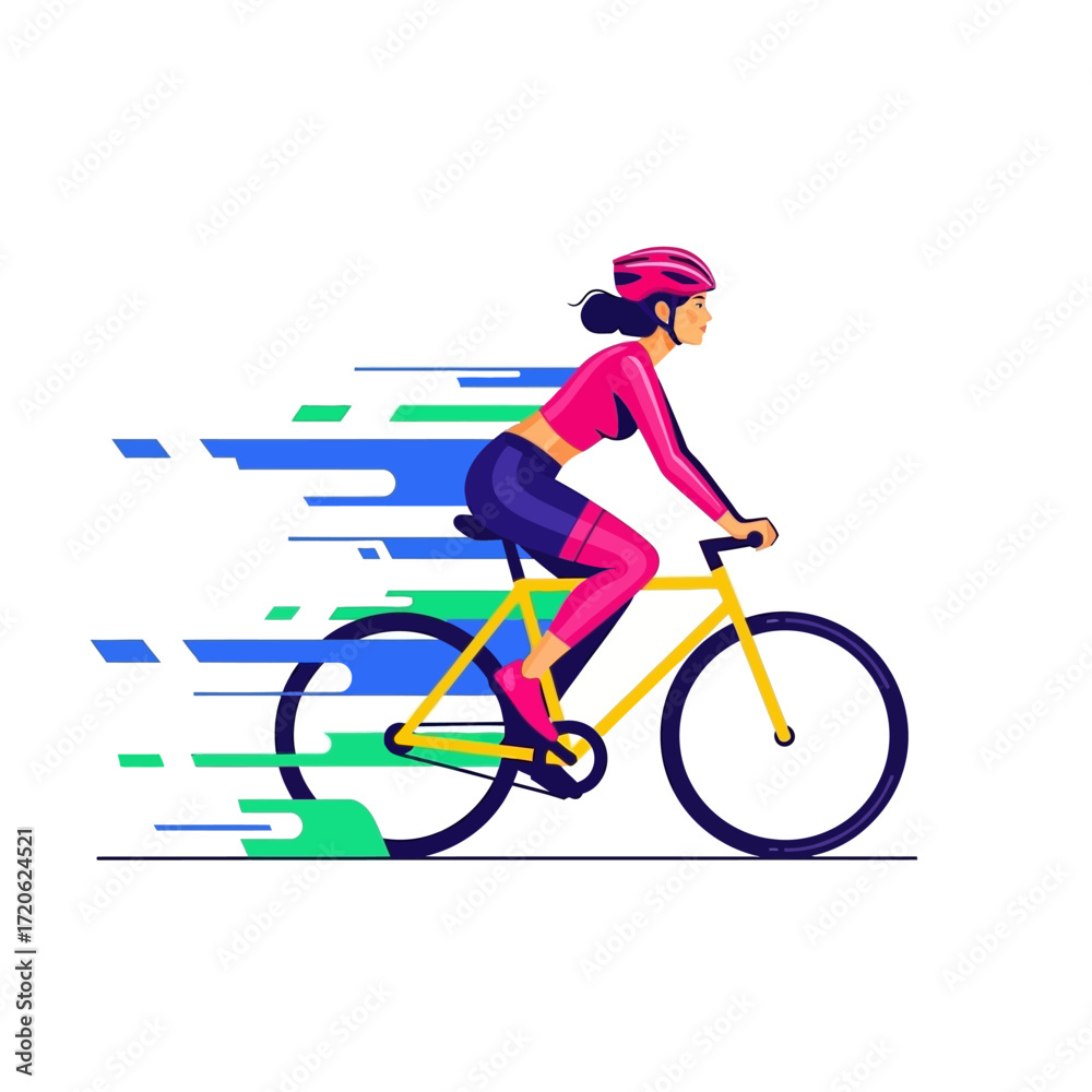 Fototapeta premium Vector illustration of a woman cyclist riding a bicycle at high speed with motion blur effects.