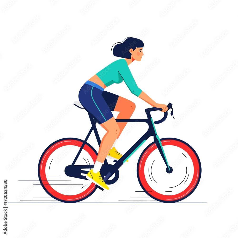 Fototapeta premium Flat illustration of a woman in athletic wear riding a bicycle, depicting a healthy and active lifestyle.