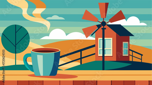A warm cup of coffee enjoyed on the front porch of the windmill as one takes a break from their work duties.. Vector illustration