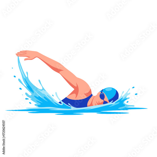 Illustration of a swimmer performing the freestyle stroke, creating dynamic splashes in the water.