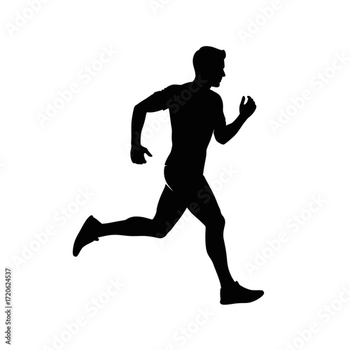 Black silhouette of a male runner in motion, depicted against a plain white background, showcasing athletic form.